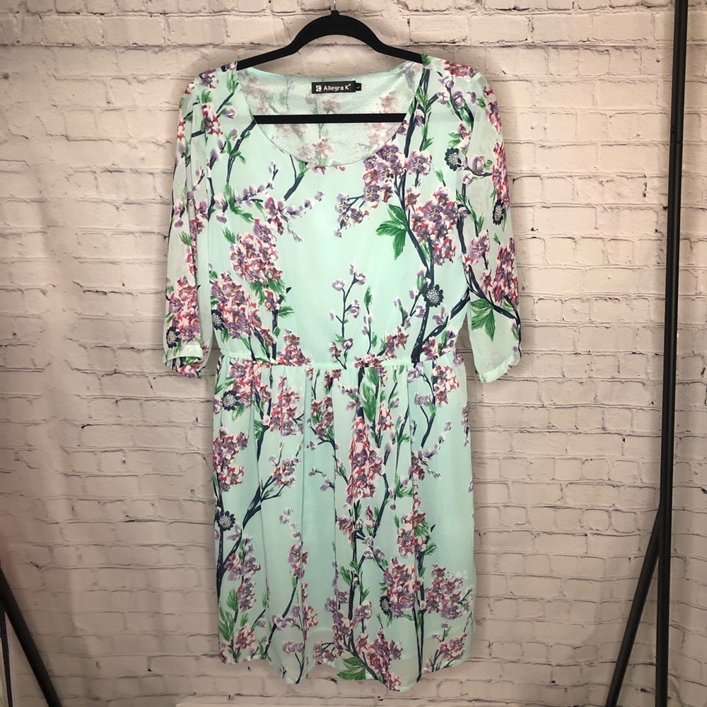 Mint Floral Allegra K Dress 3 1/4 length sleeves